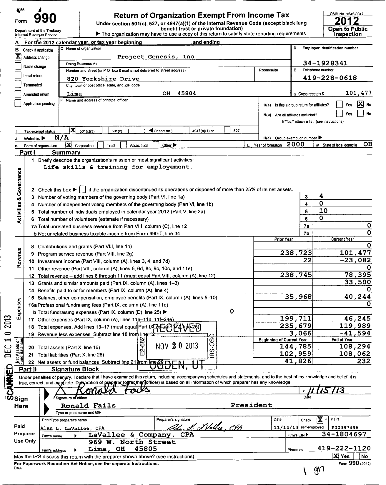 Image of first page of 2012 Form 990 for Project Genesis