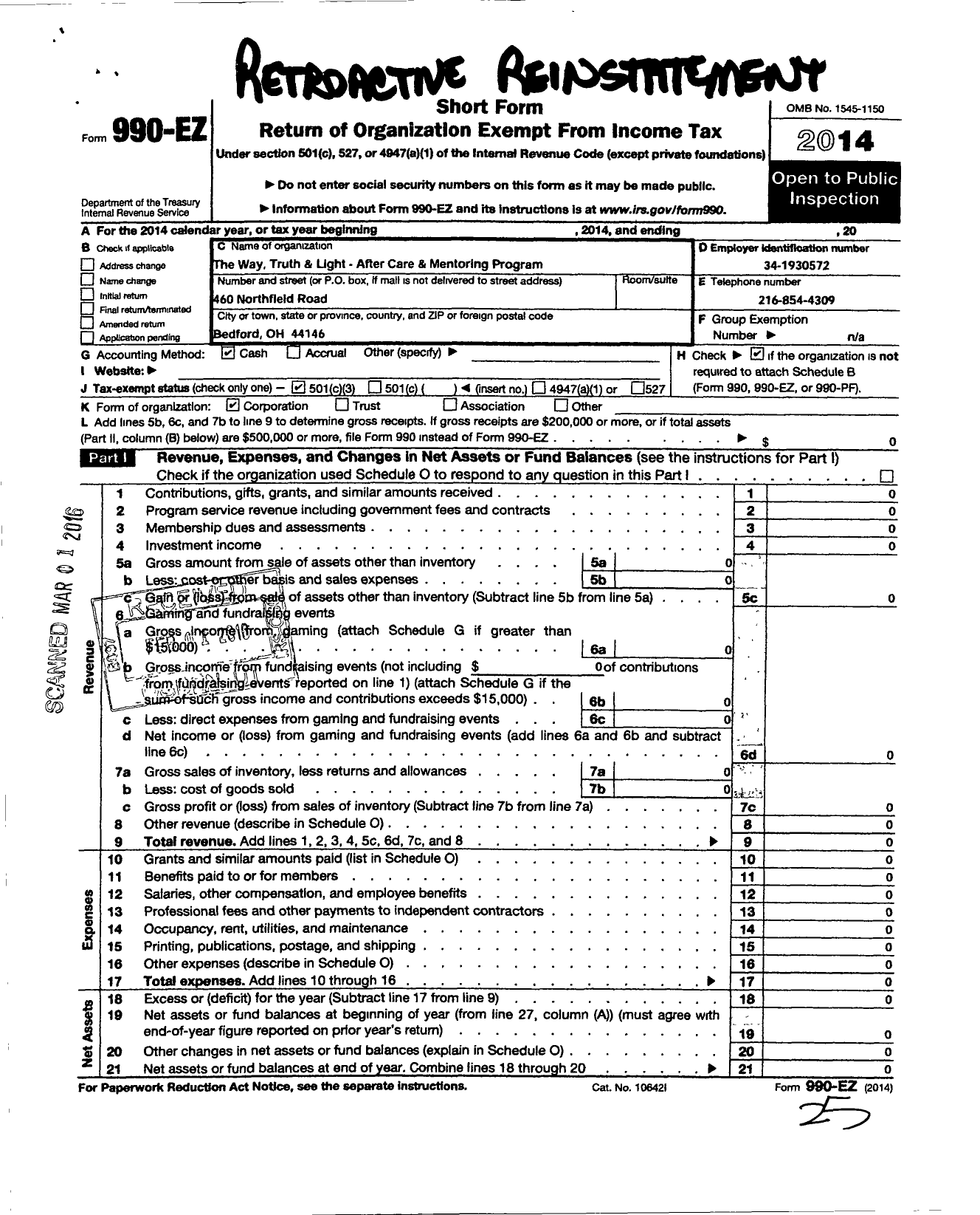 Image of first page of 2014 Form 990EZ for The Way Truth Light - After Care Mentoring Program