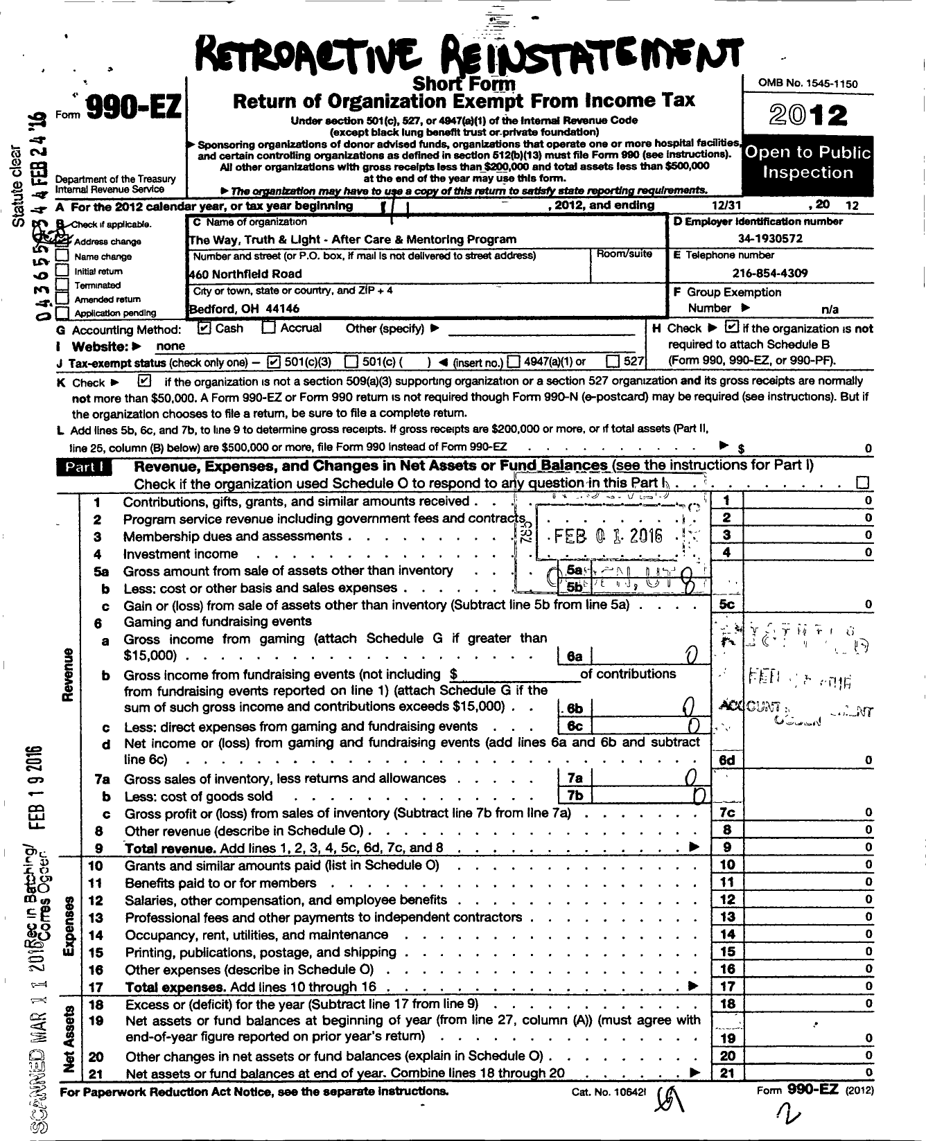 Image of first page of 2012 Form 990EZ for The Way Truth Light - After Care Mentoring Program