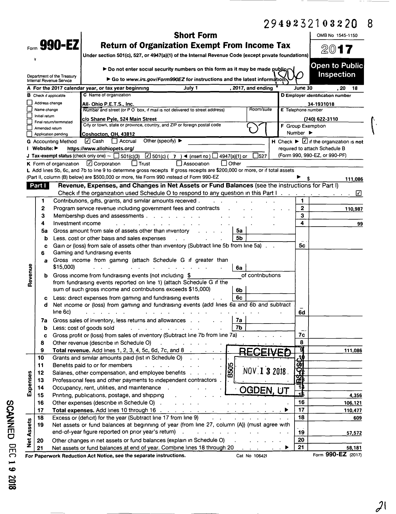 Image of first page of 2017 Form 990EO for All Ohio P E T S