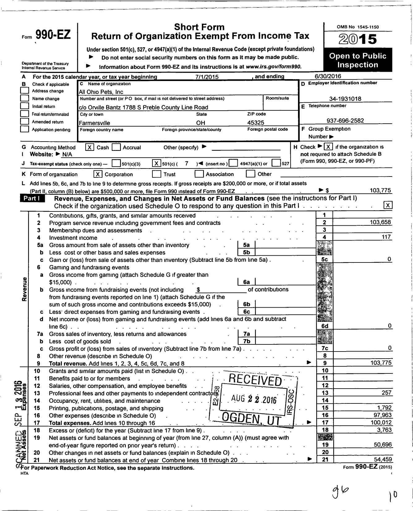 Image of first page of 2015 Form 990EO for All Ohio P E T S