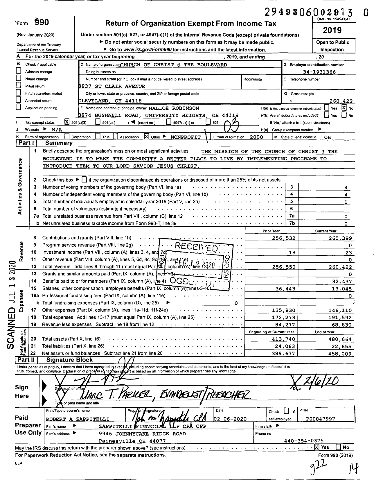 Image of first page of 2019 Form 990 for Church of Christ the Boulevard