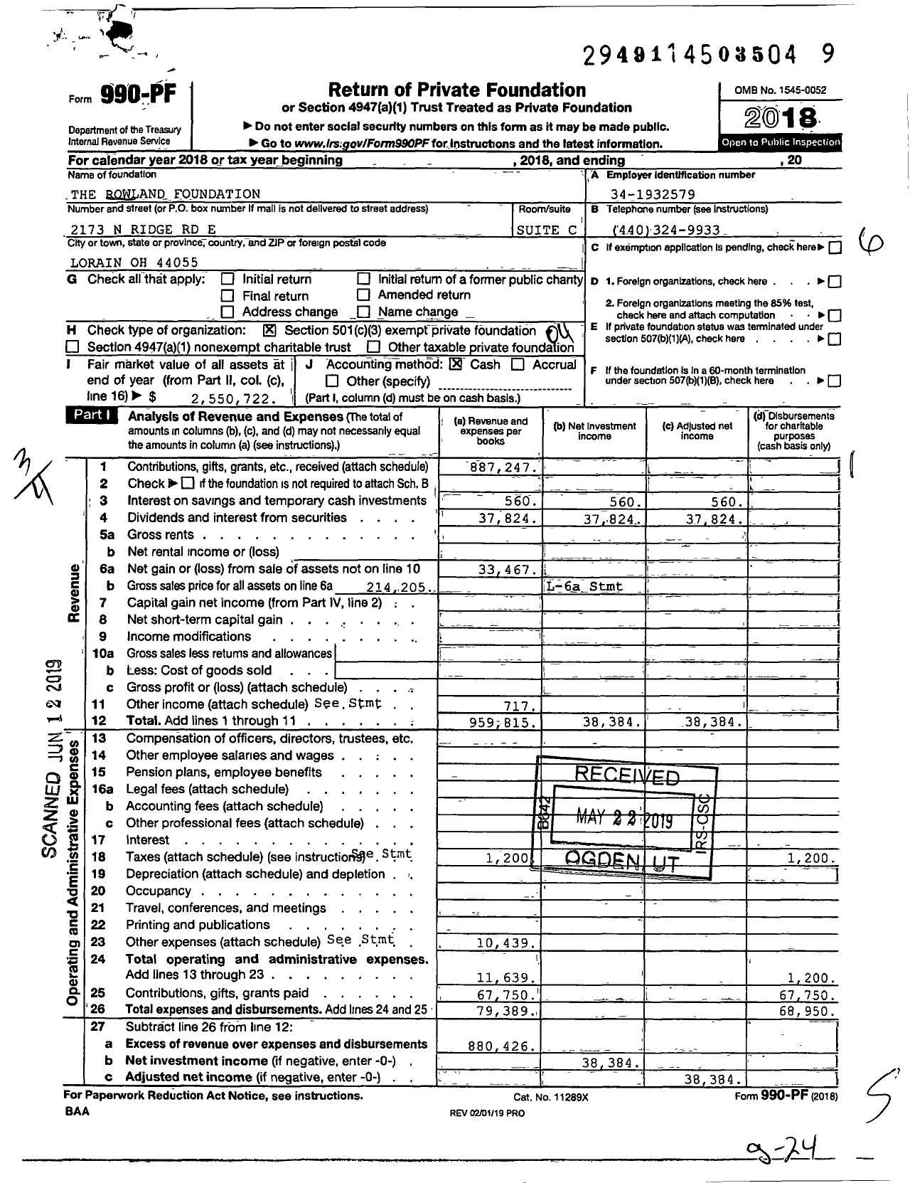 Image of first page of 2018 Form 990PF for The Rowland Family Foundation