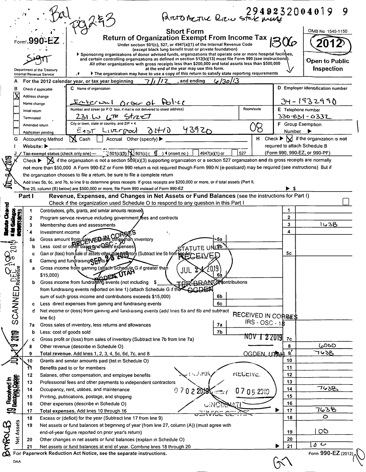 Image of first page of 2012 Form 990EO for East Liverpool Fraternal Order of Police Lodge 29