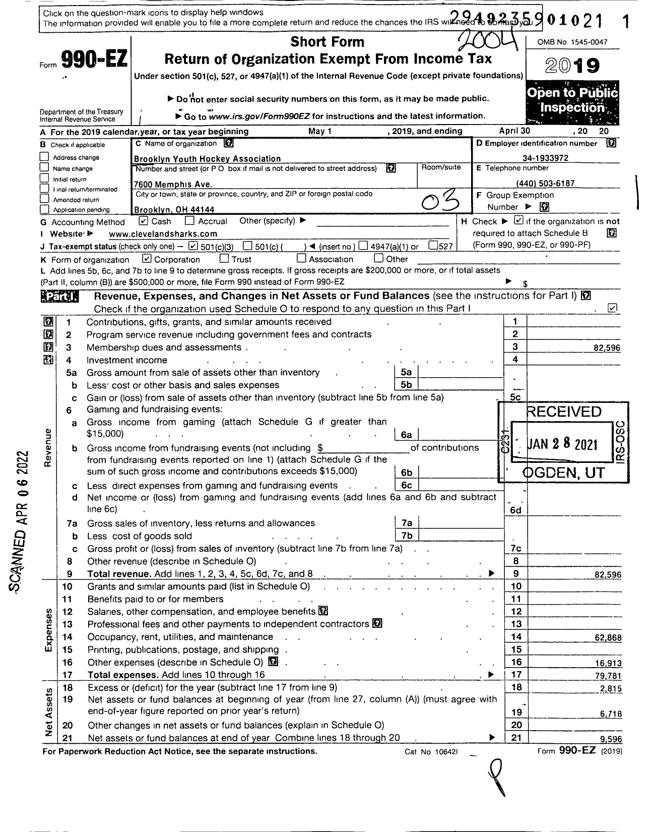 Image of first page of 2019 Form 990EZ for Brooklyn Youth Hockey Association