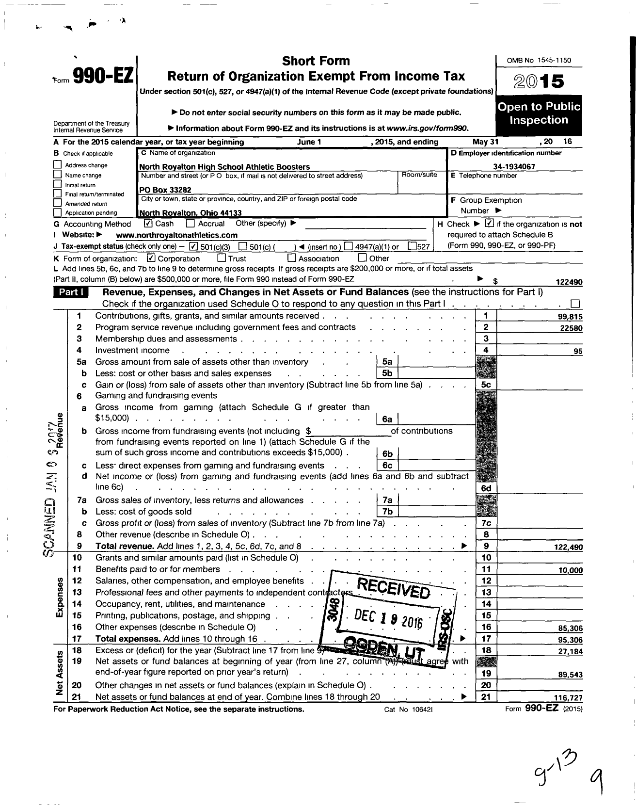 Image of first page of 2015 Form 990EZ for North Royalton High School Athletic Boosters Club