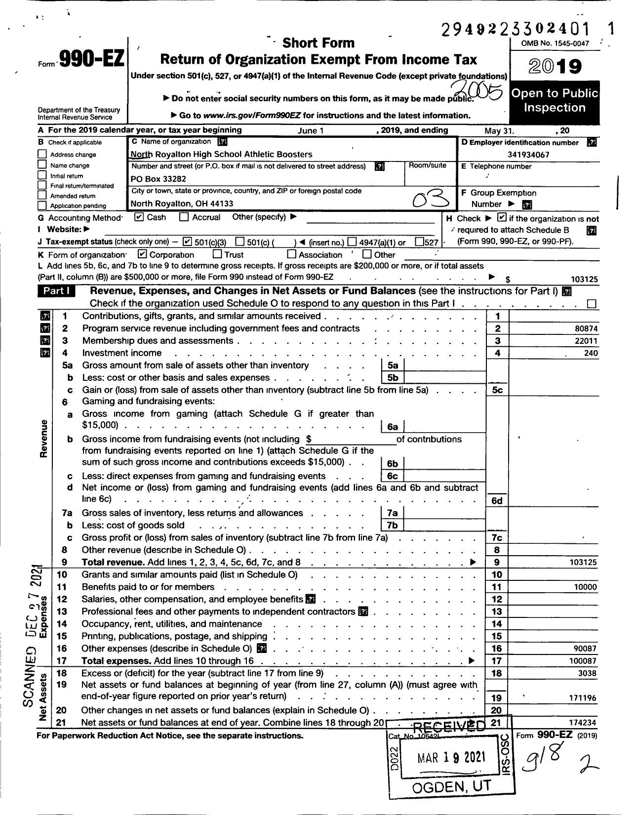 Image of first page of 2019 Form 990EZ for North Royalton High School Athletic Boosters Club