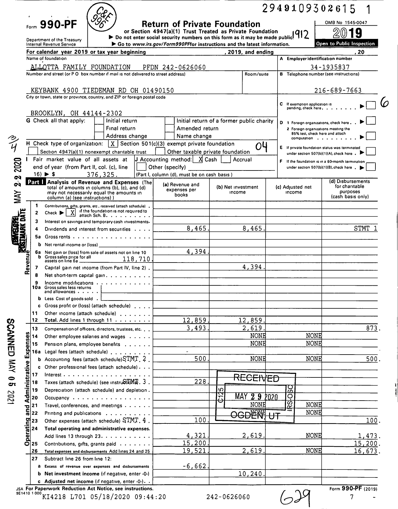 Image of first page of 2019 Form 990PF for Allotta Family Foundation PFDN