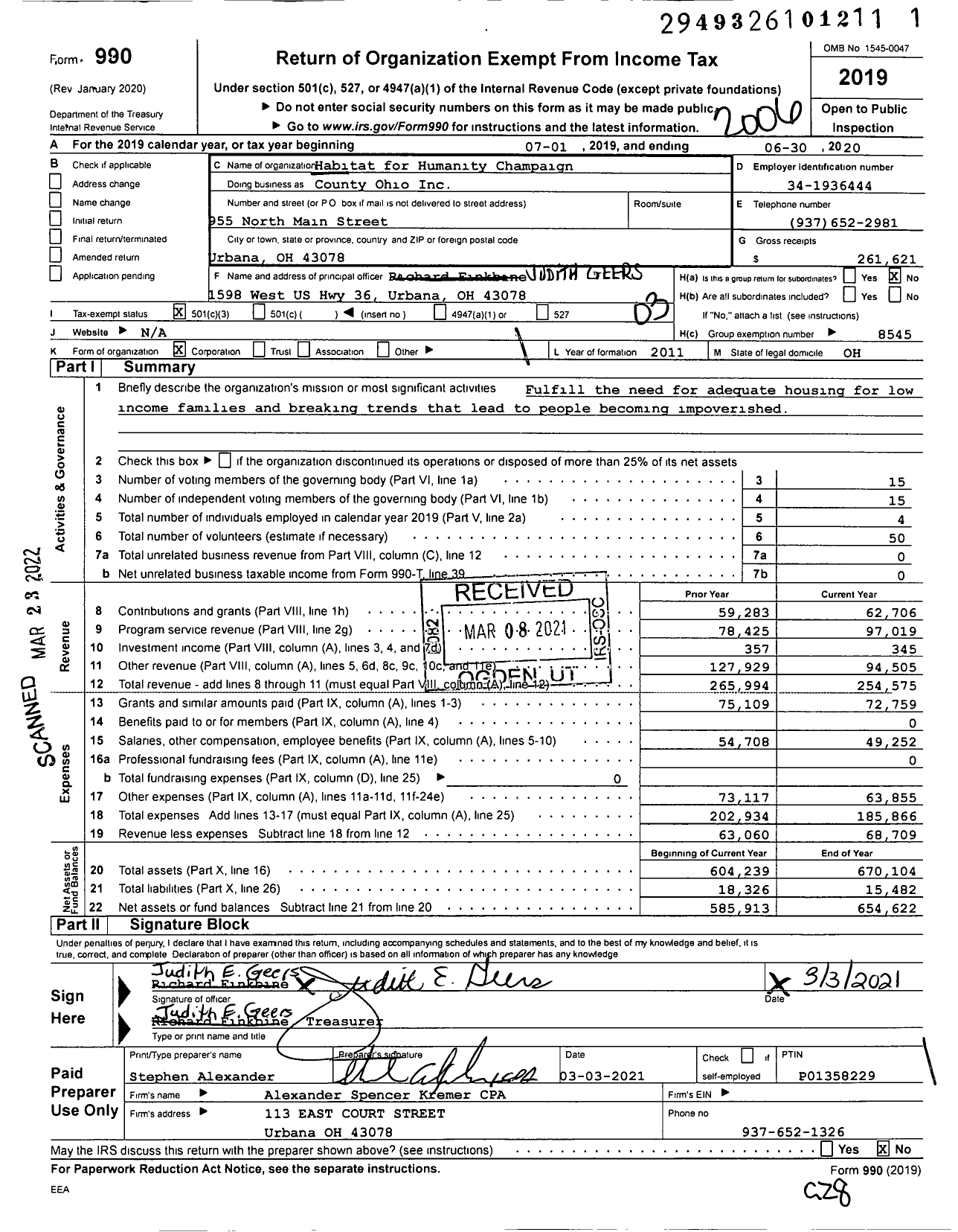 Image of first page of 2019 Form 990 for Habitat for Humanity - County Ohio