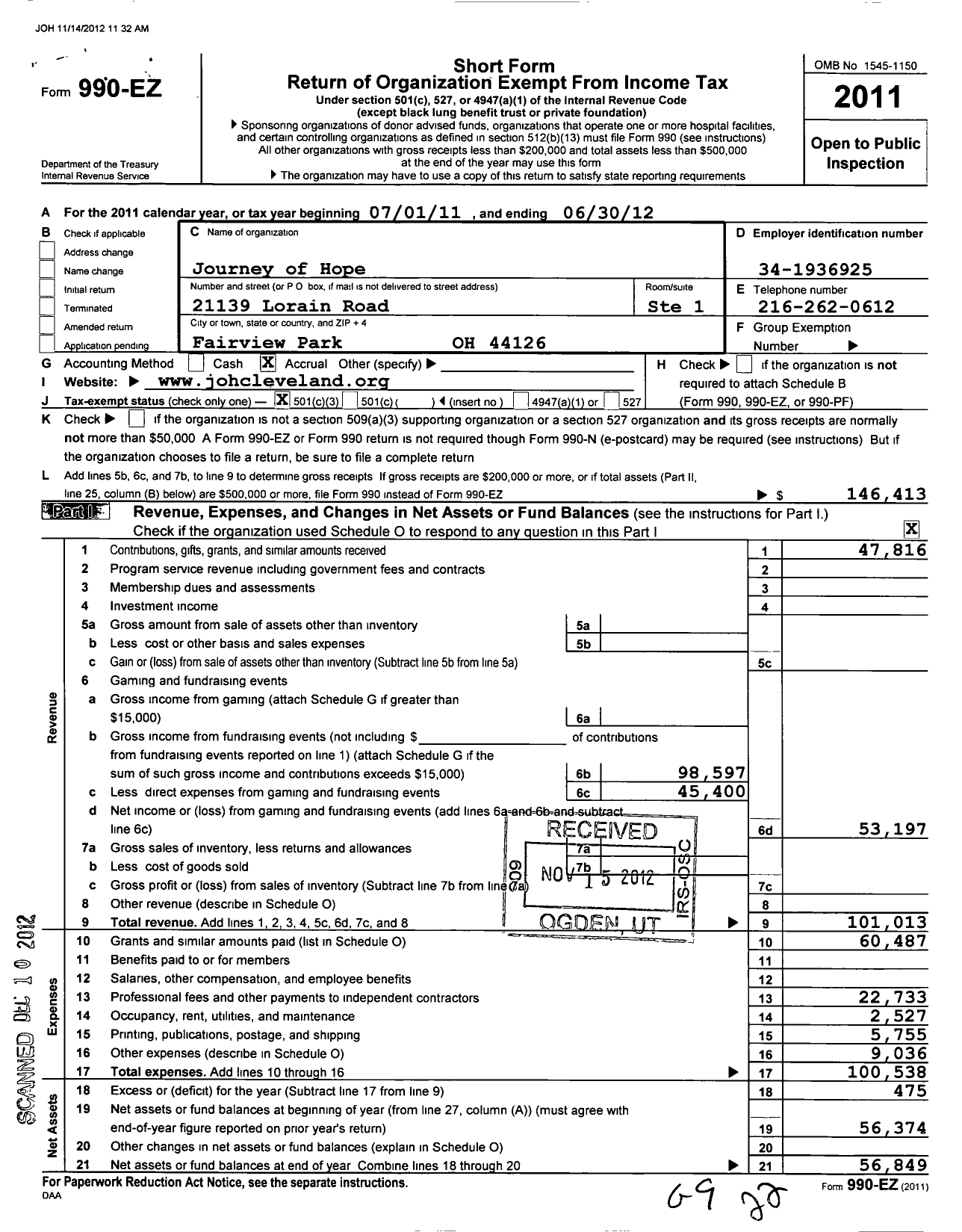 Image of first page of 2011 Form 990EZ for Journey of Hope