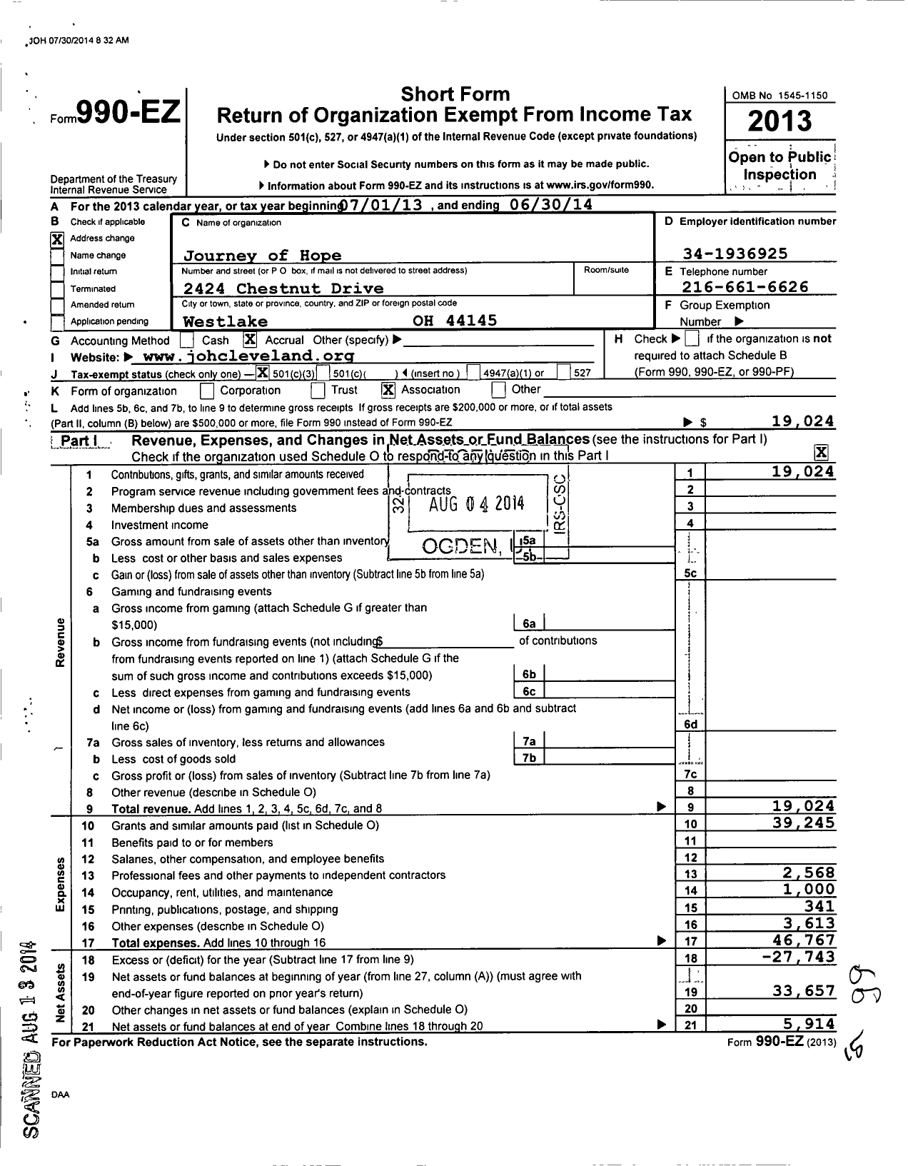 Image of first page of 2013 Form 990EZ for Journey of Hope