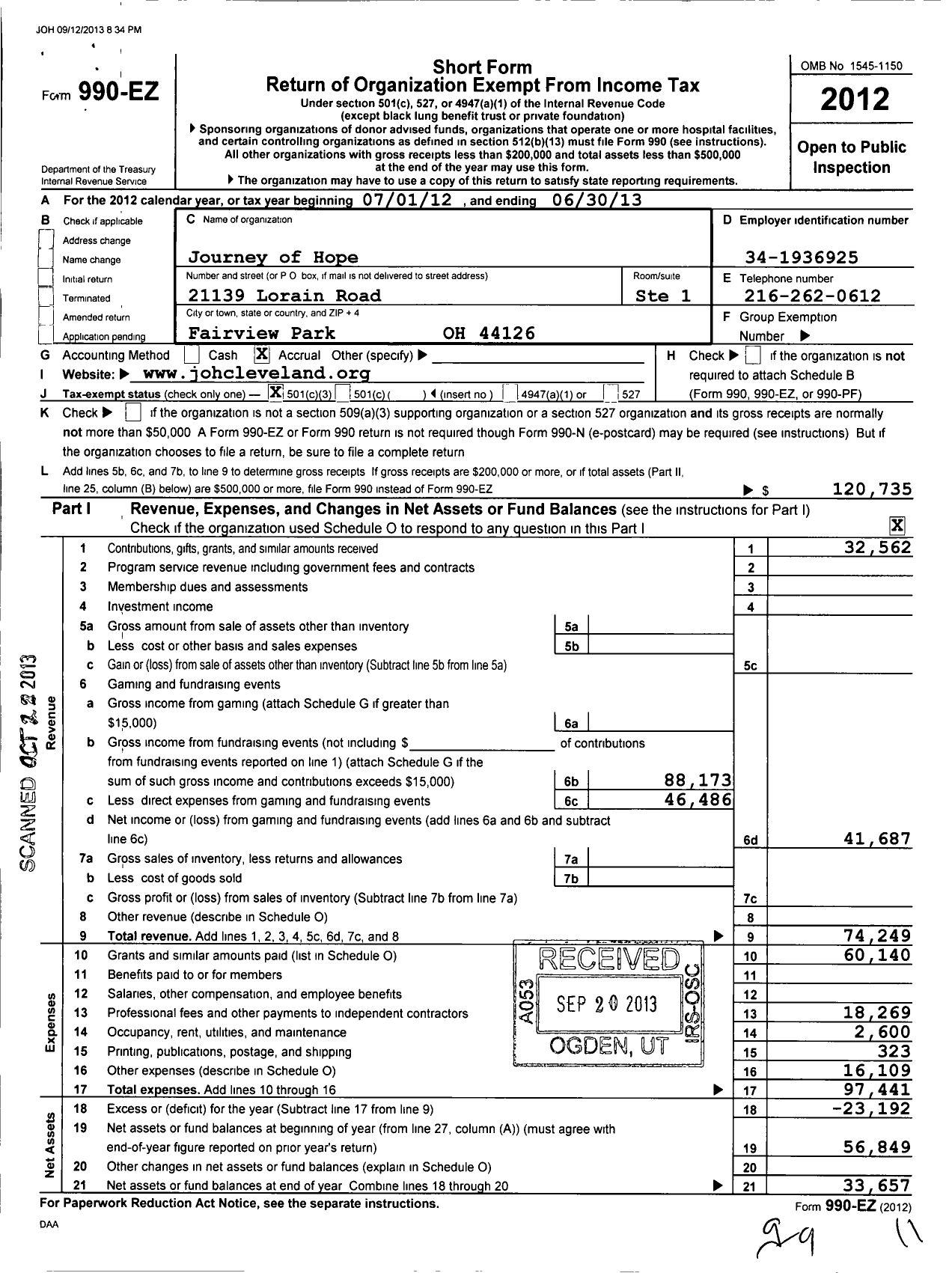 Image of first page of 2012 Form 990EZ for Journey of Hope