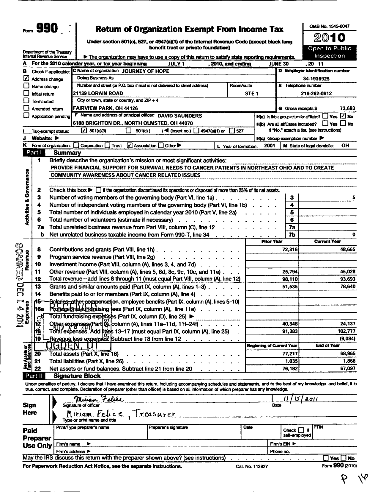 Image of first page of 2010 Form 990 for Journey of Hope