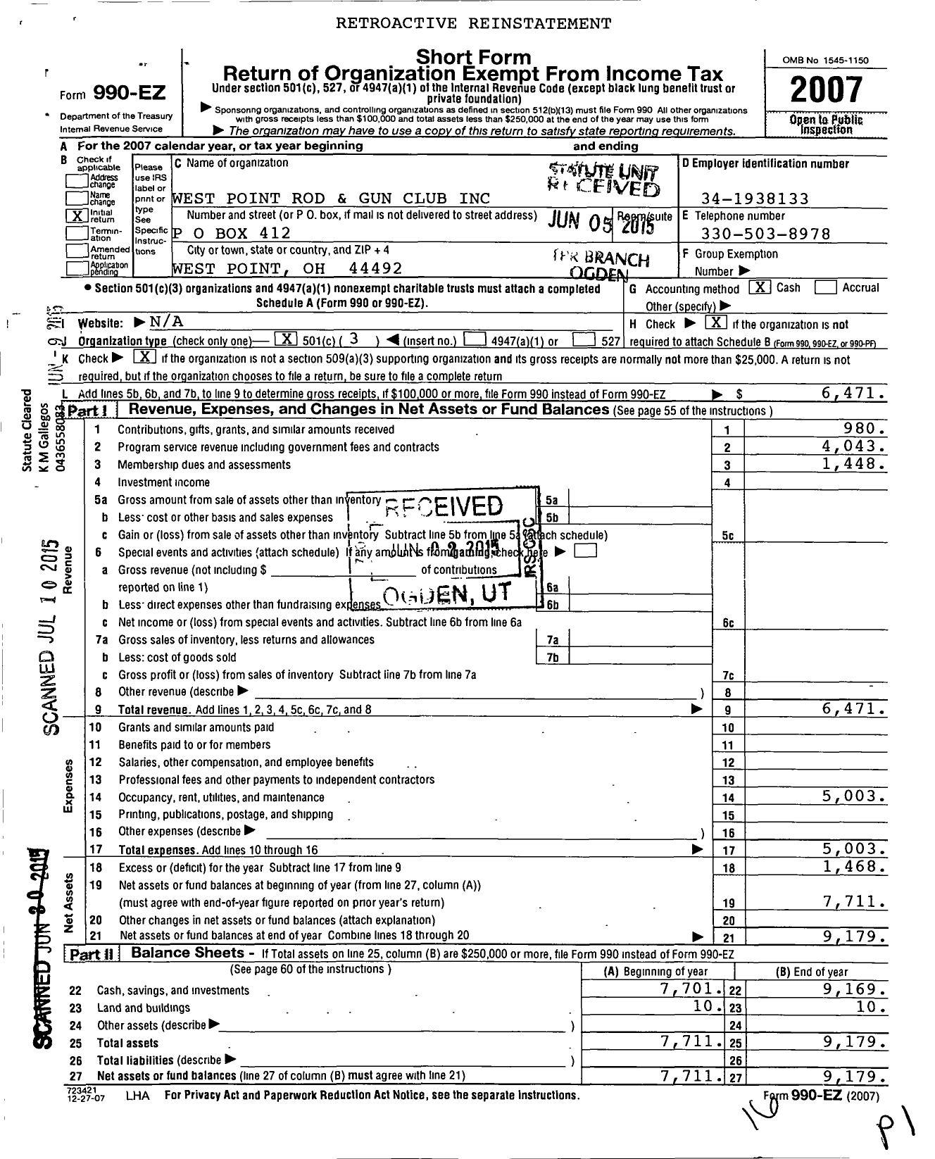 Image of first page of 2007 Form 990EZ for West Point Rod and Gun Club