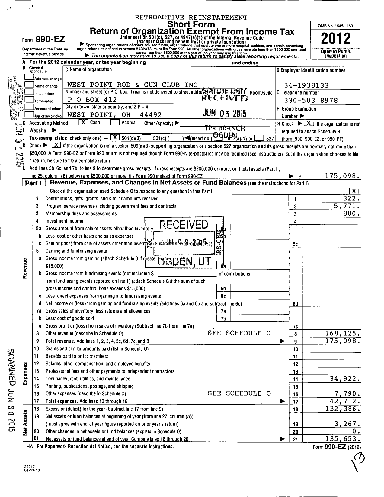 Image of first page of 2012 Form 990EZ for West Point Rod and Gun Club