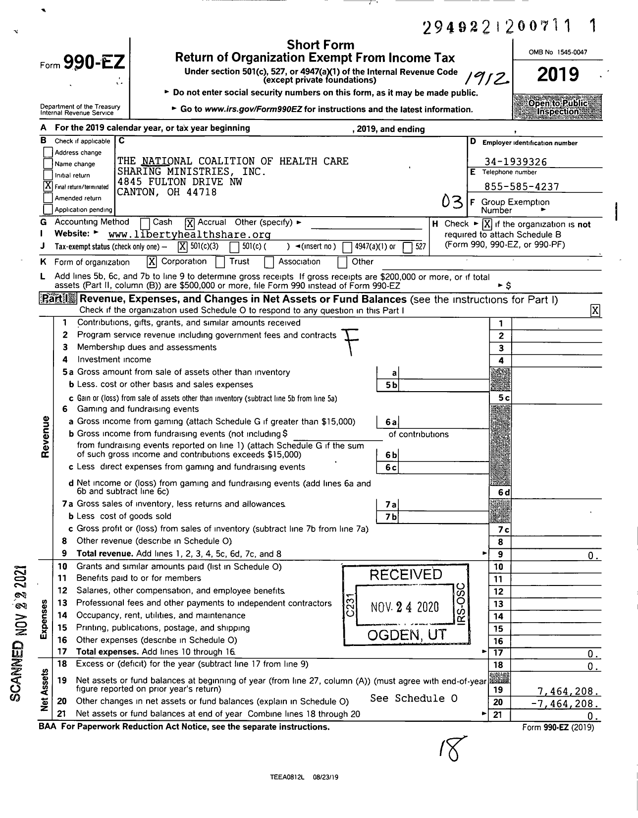 Image of first page of 2019 Form 990EZ for The National Coalition of Health Care Sharing Ministries
