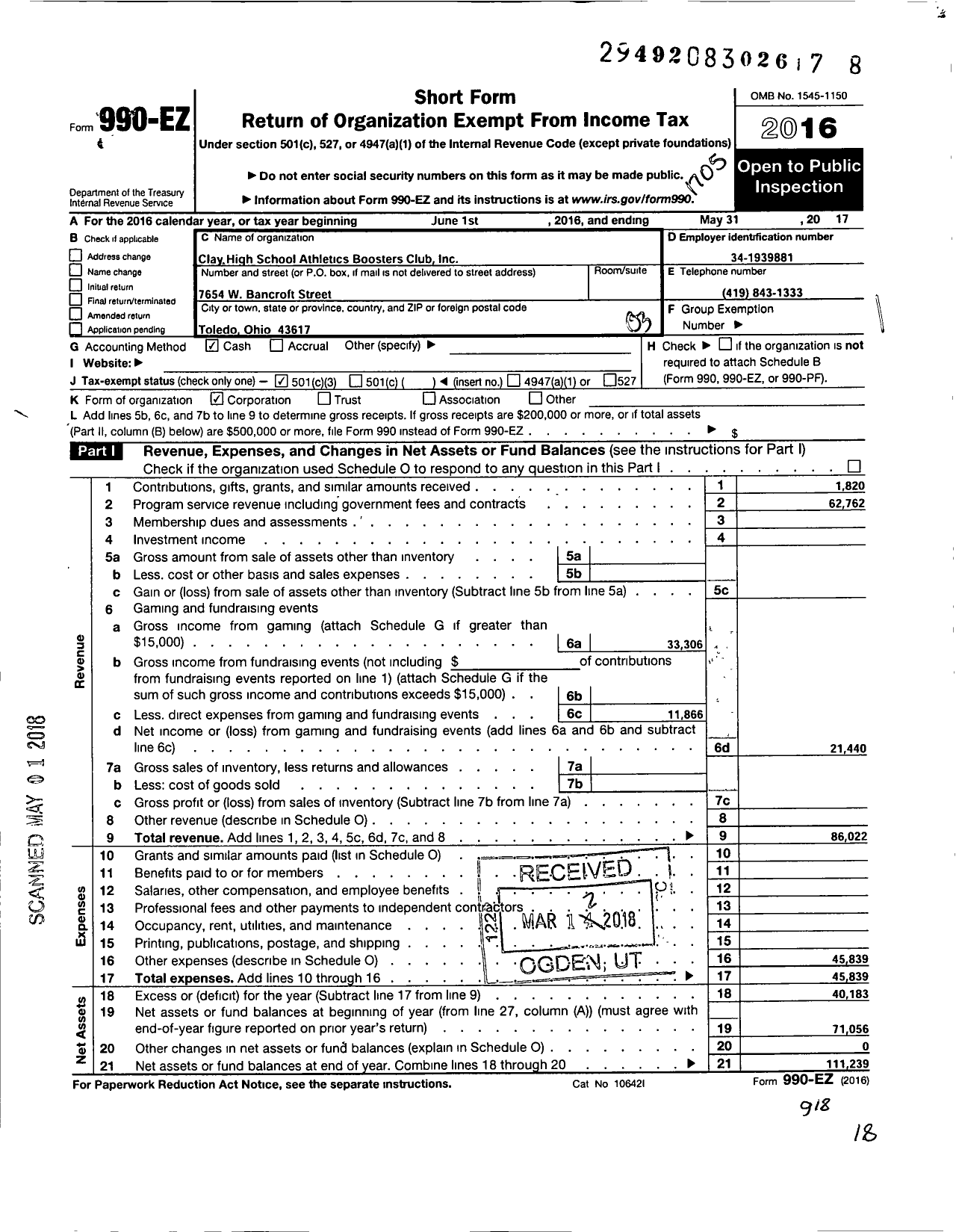 Image of first page of 2016 Form 990EZ for Clay High School Athletic Boosters