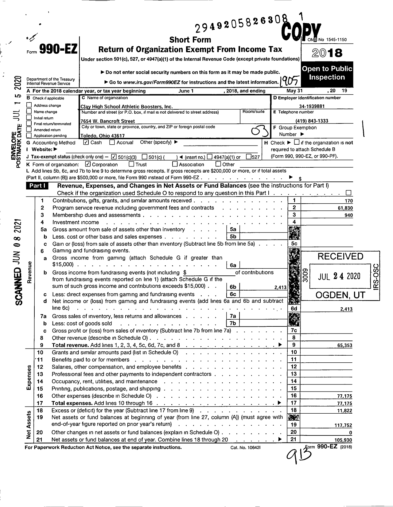 Image of first page of 2018 Form 990EZ for Clay High School Athletic Boosters