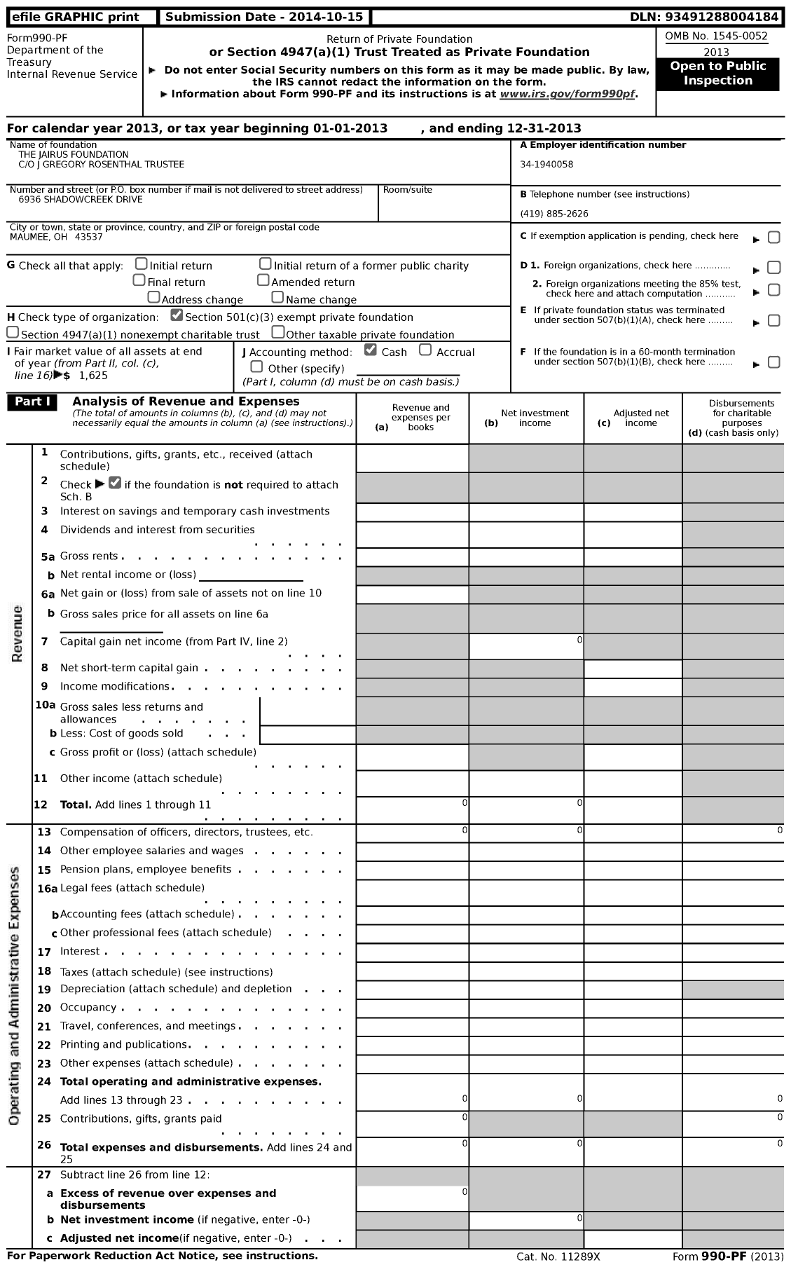 Image of first page of 2013 Form 990PF for The Jairus Foundation