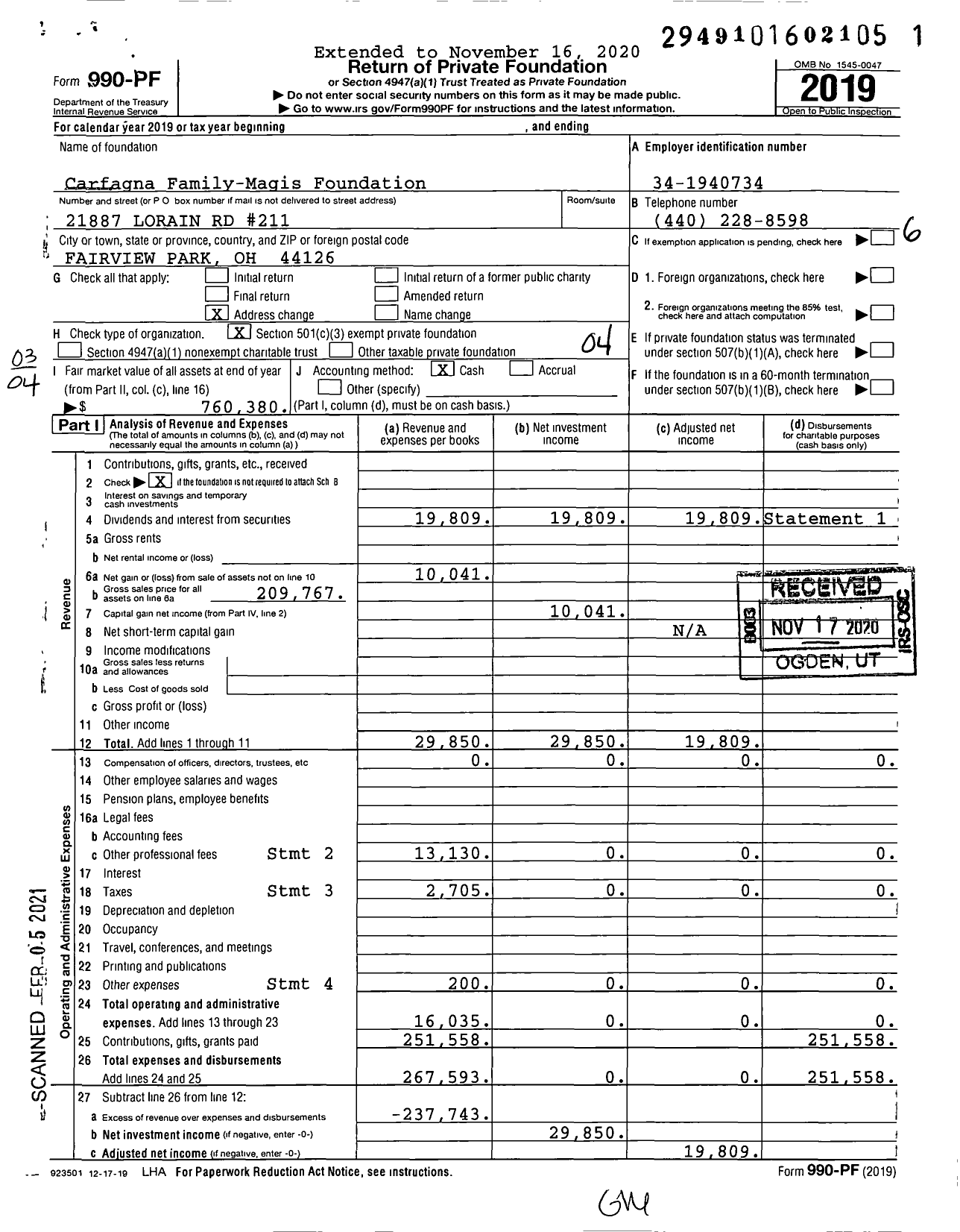 Image of first page of 2019 Form 990PF for Carfagna Family-Magis Foundation