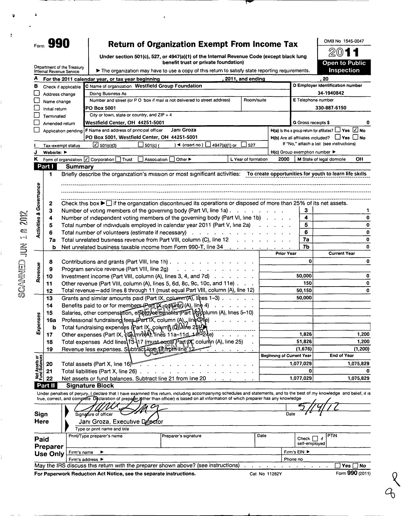 Image of first page of 2011 Form 990 for Westfield Group Foundation