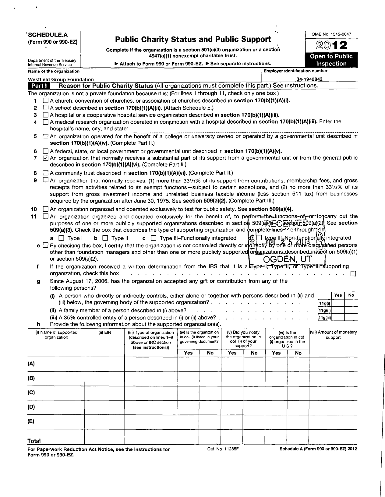 Image of first page of 2012 Form 990R for Westfield Group Foundation