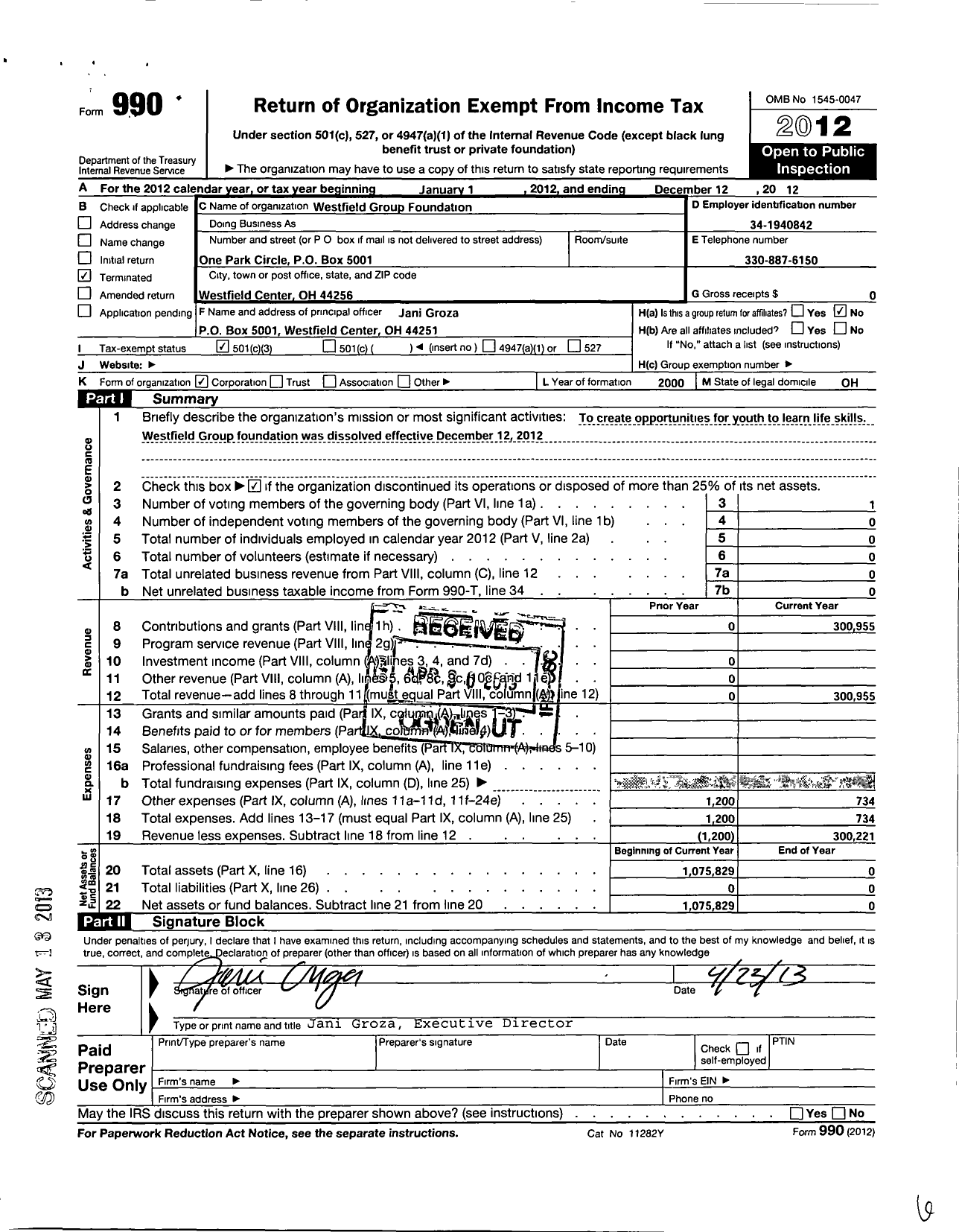 Image of first page of 2012 Form 990 for Westfield Group Foundation