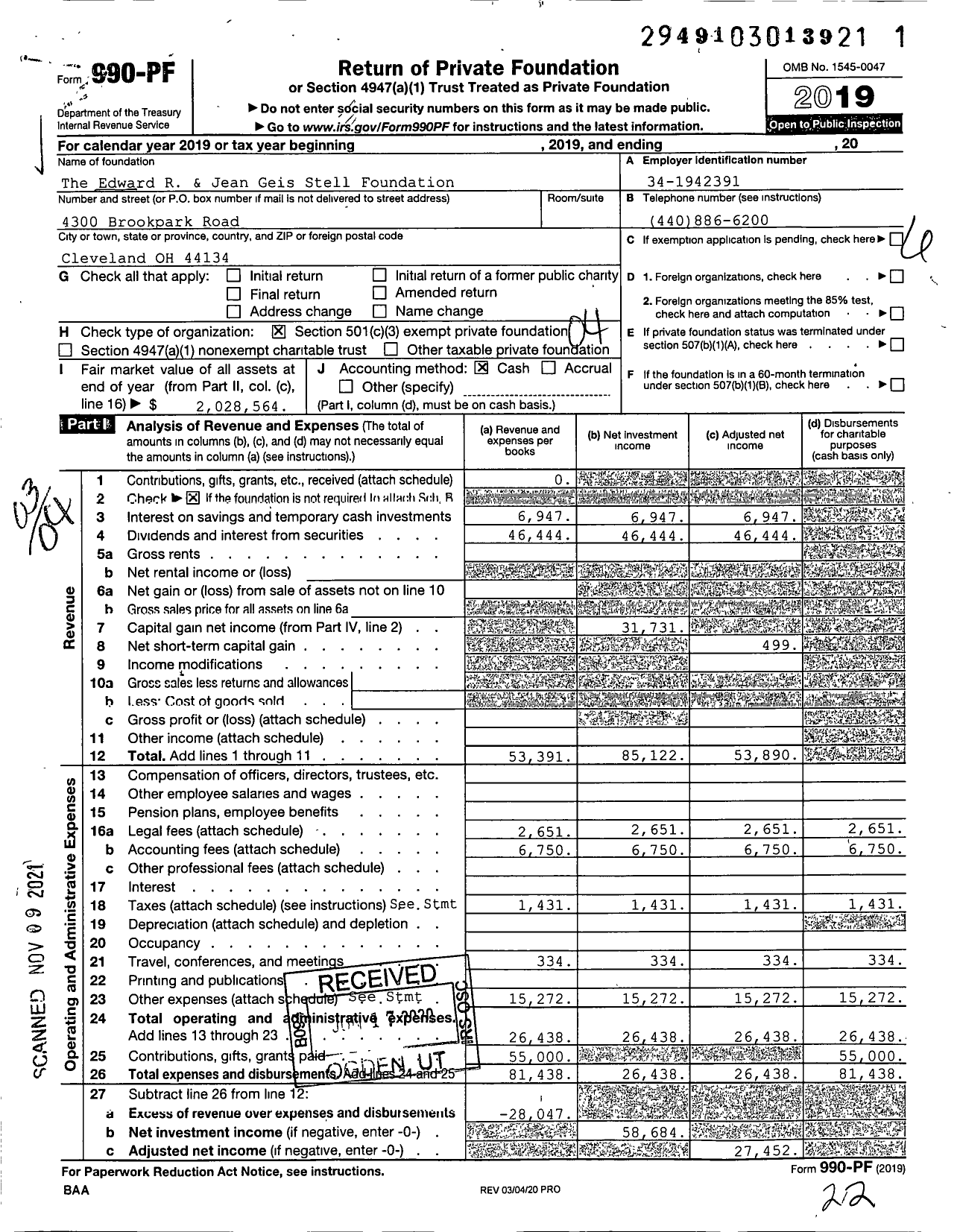 Image of first page of 2019 Form 990PF for The Edward R and Jean Geis Stell Foundation