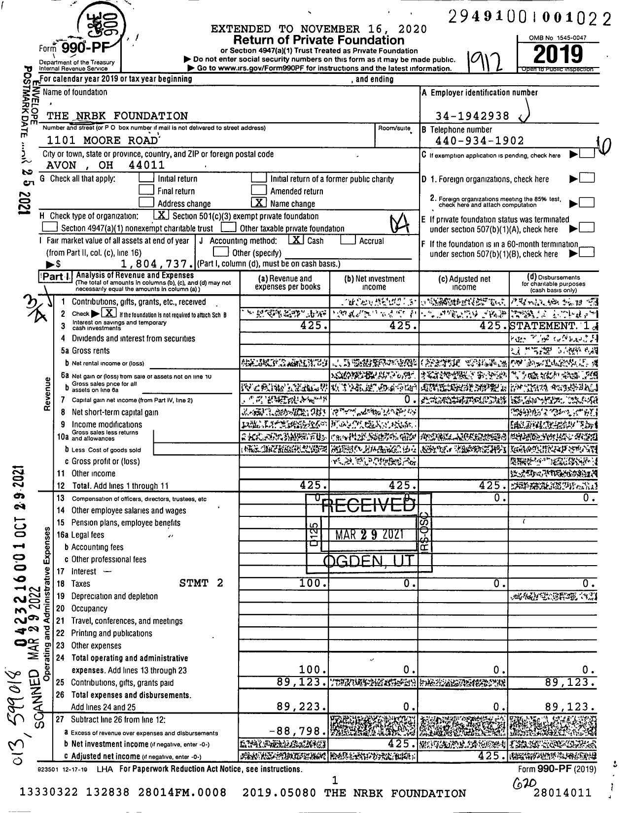 Image of first page of 2019 Form 990PF for The NRBK Foundation