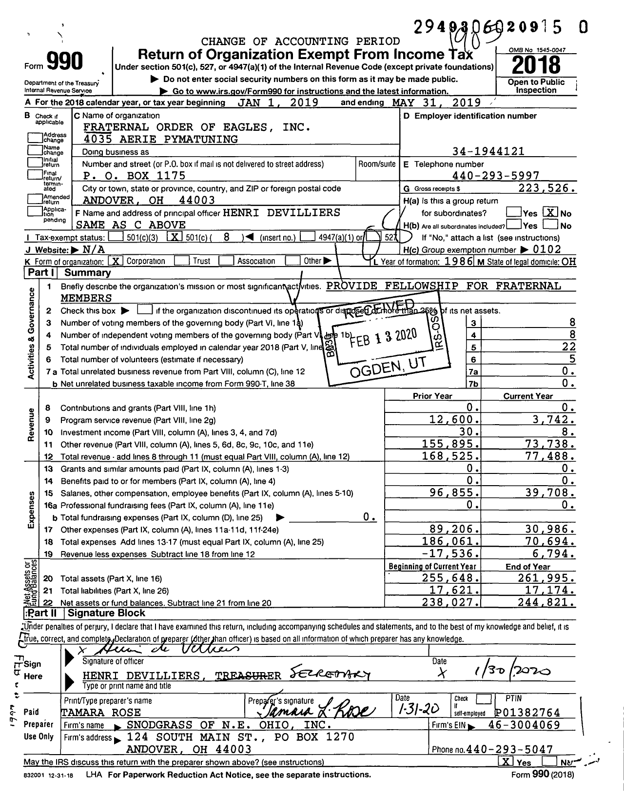 Image of first page of 2018 Form 990O for Fraternal Order of Eagles - 4035 Aerie