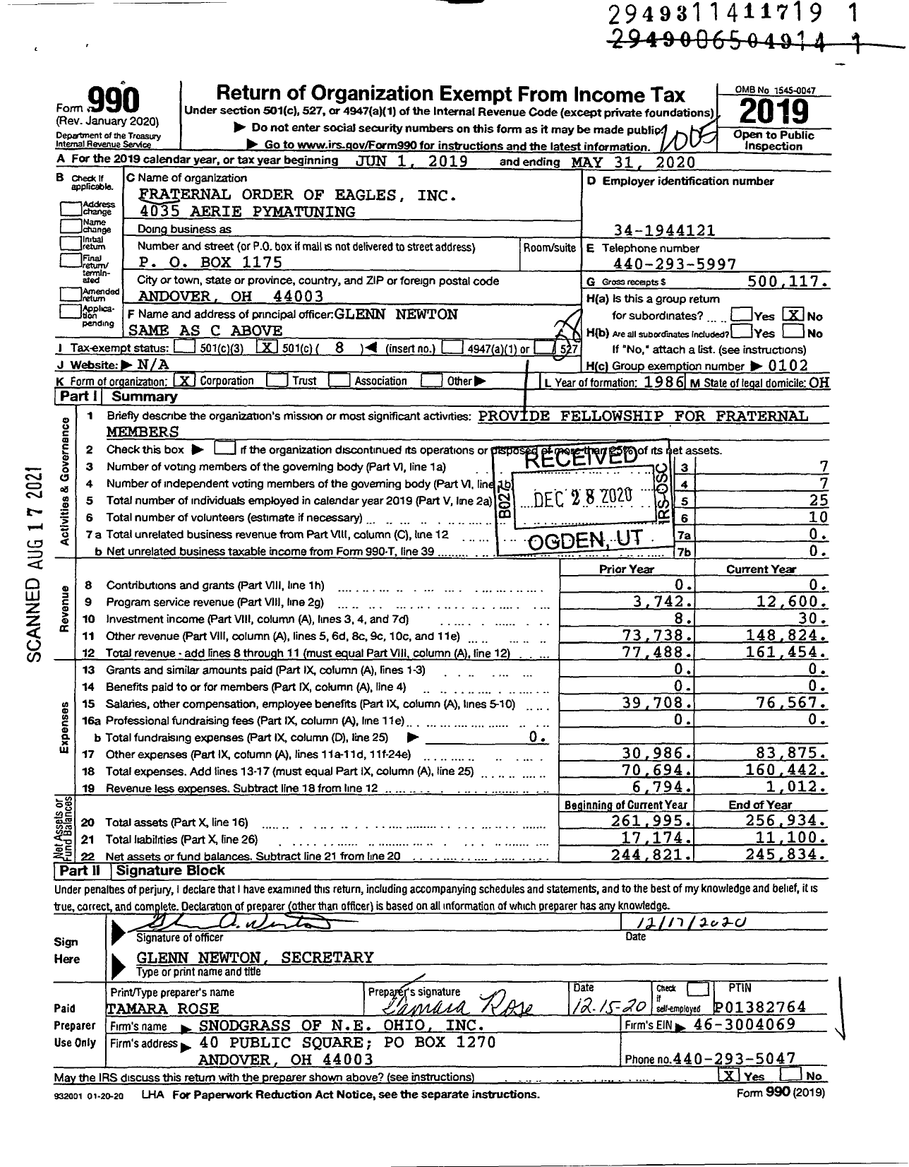 Image of first page of 2019 Form 990O for Fraternal Order of Eagles - 4035 Aerie