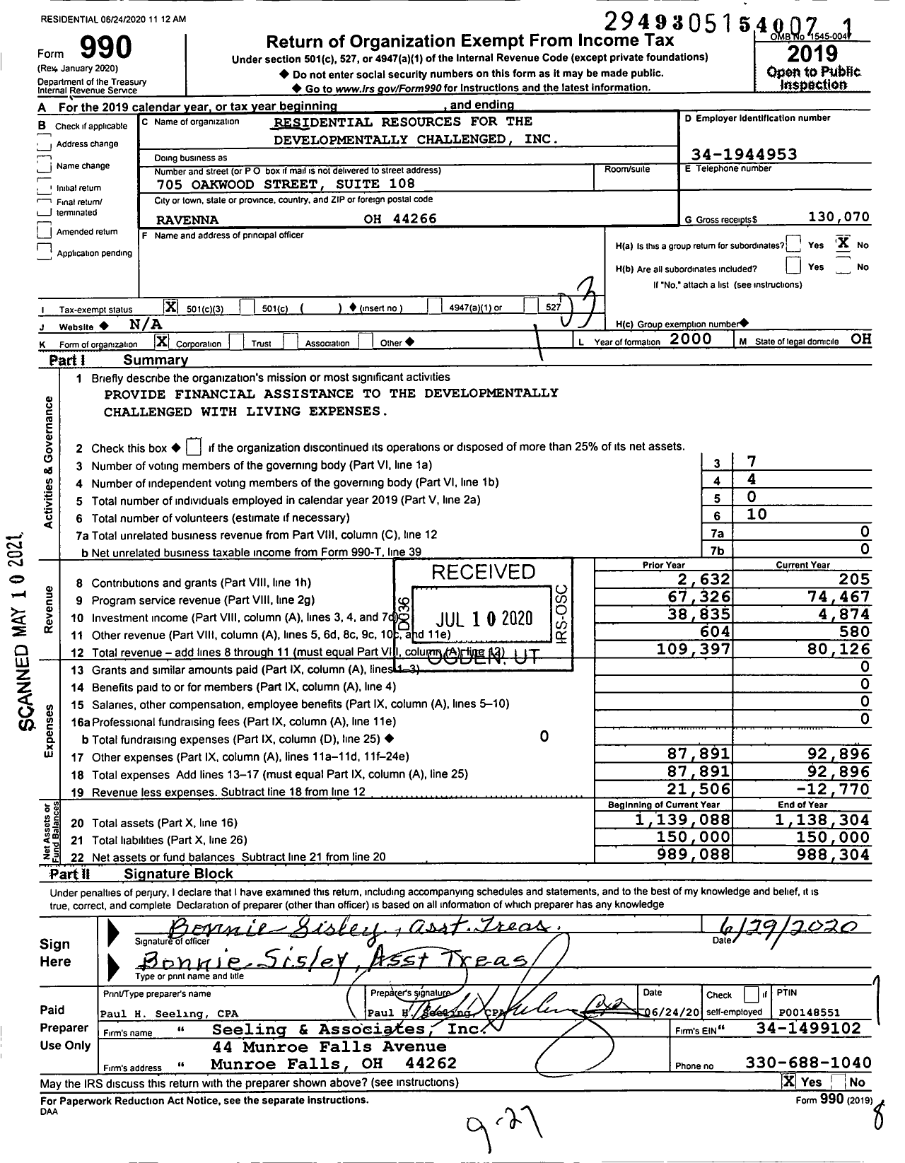 Image of first page of 2019 Form 990 for Residential Resources for the Developmentally Challenged