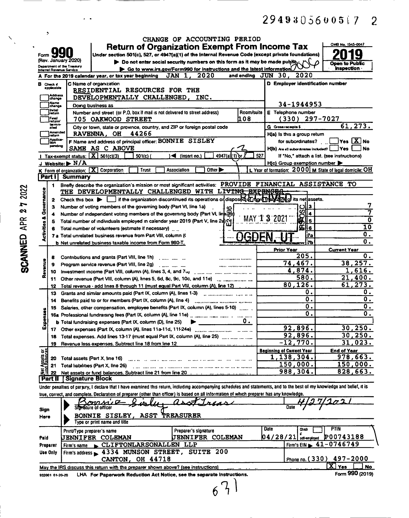 Image of first page of 2019 Form 990 for Residential Resources for the Developmentally Challenged