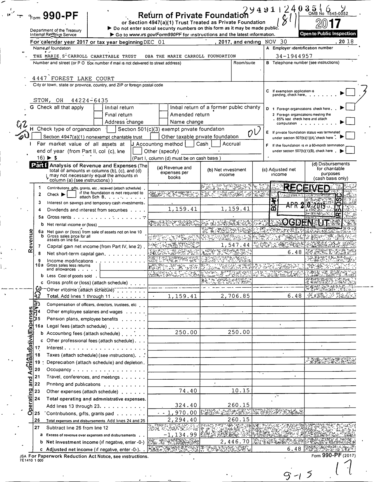 Image of first page of 2017 Form 990PF for The Marie S Carroll Charitable Trust