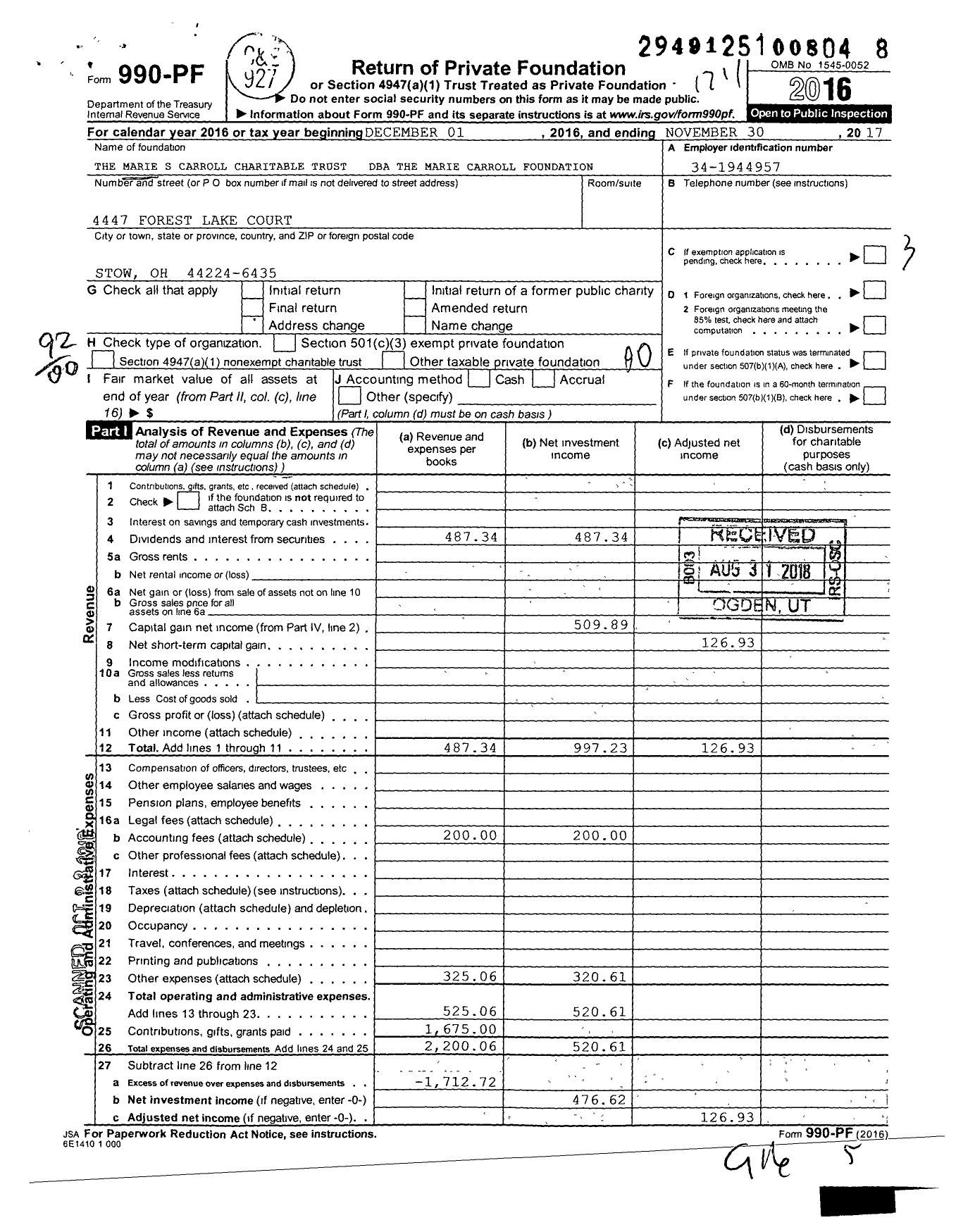 Image of first page of 2016 Form 990PF for The Marie S Carroll Charitable Trust