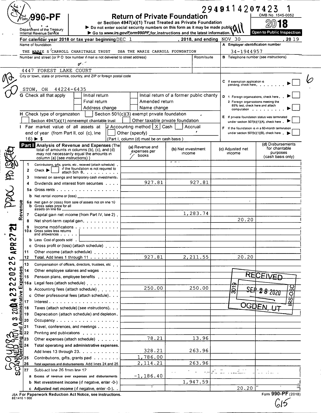 Image of first page of 2018 Form 990PF for Marie S Carroll Charitable Trust