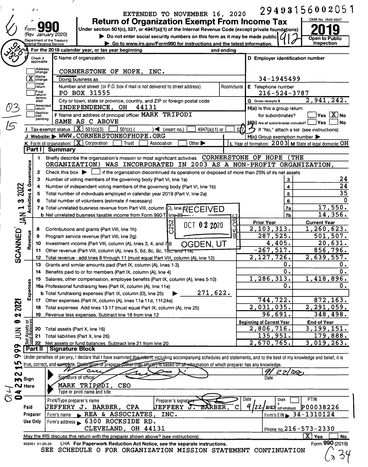 Image of first page of 2019 Form 990 for Cornerstone of Hope