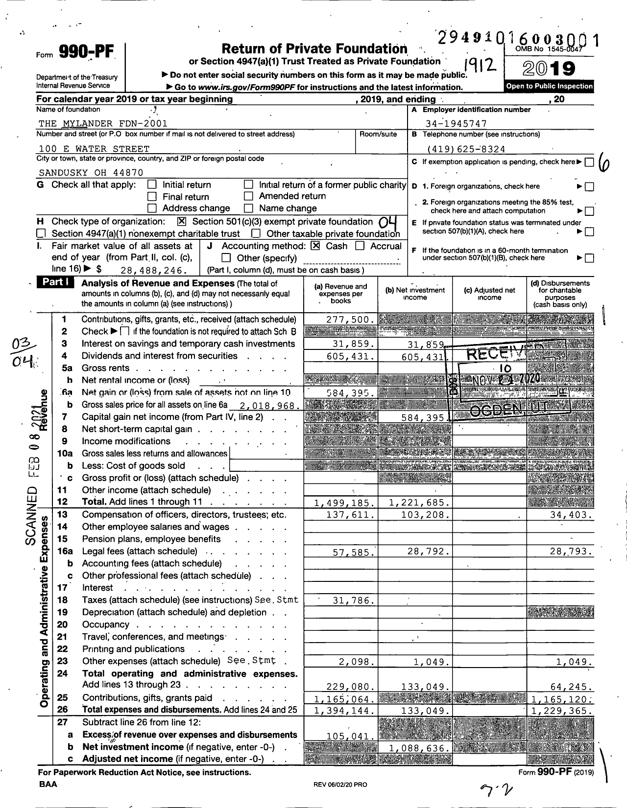 Image of first page of 2019 Form 990PF for The Mylander FDN-2001