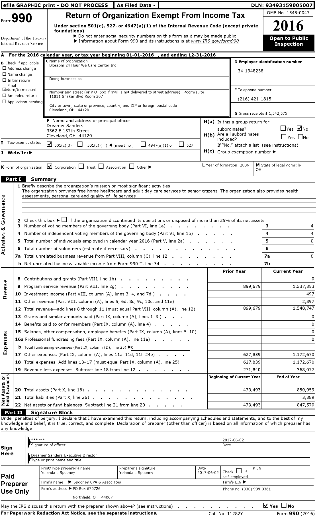 Image of first page of 2016 Form 990 for Blossom 24 Hour We Care Center