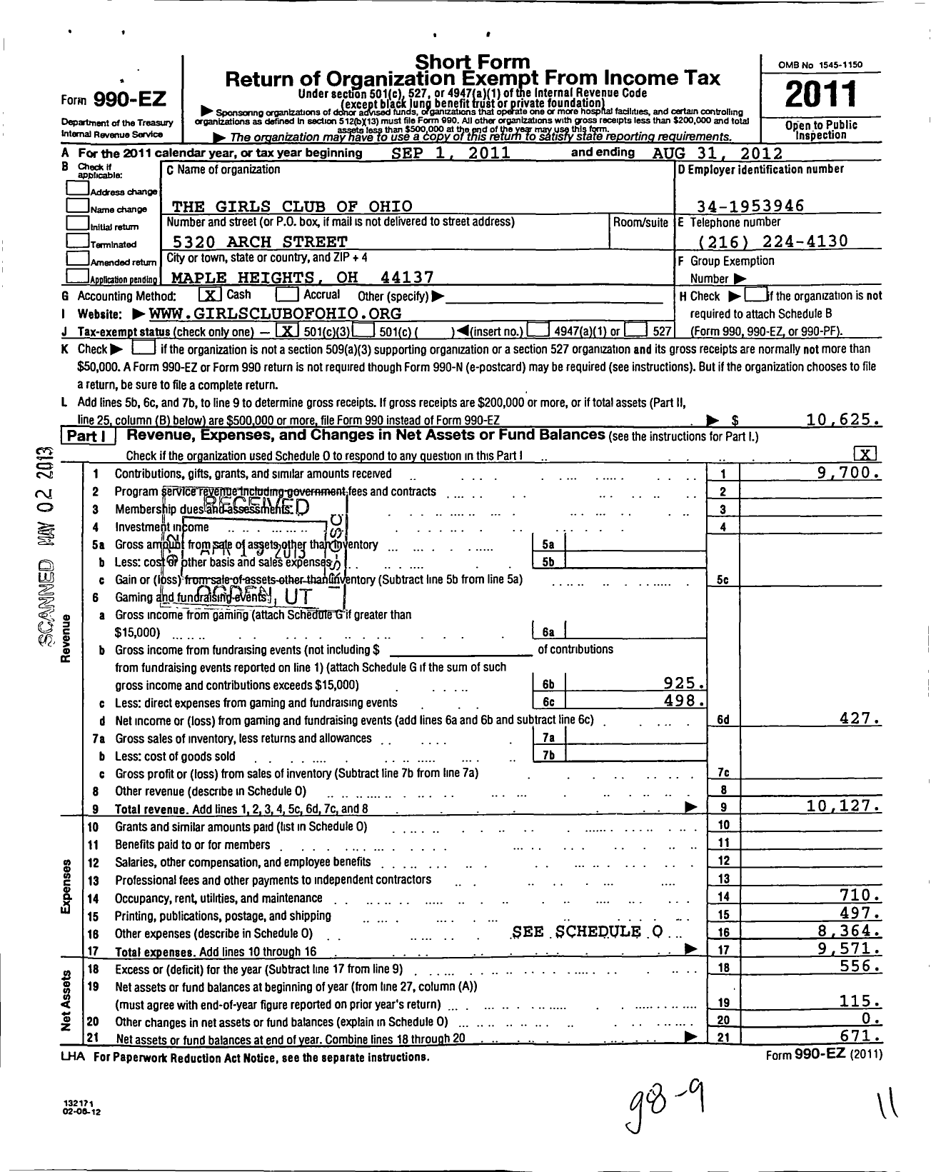 Image of first page of 2011 Form 990EZ for Girls Club of Ohio