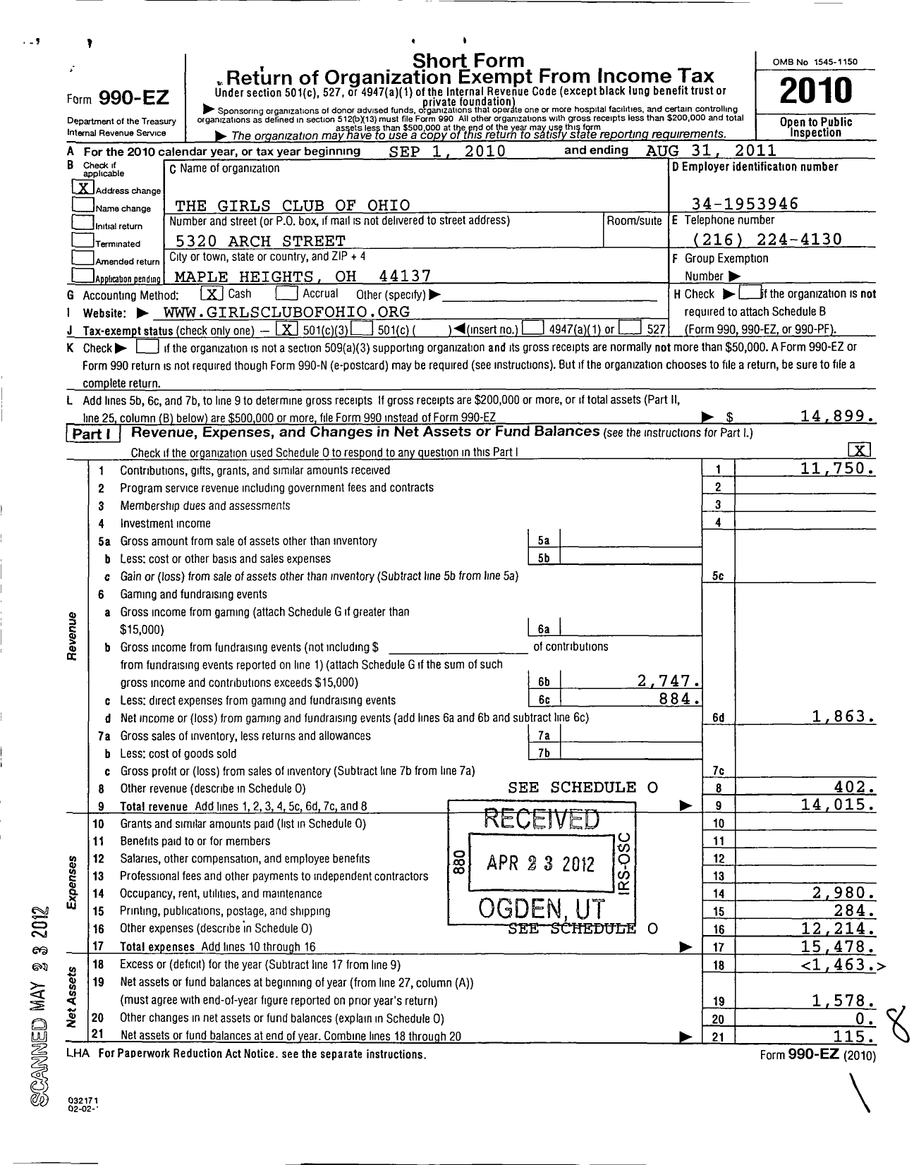 Image of first page of 2010 Form 990EZ for Girls Club of Ohio