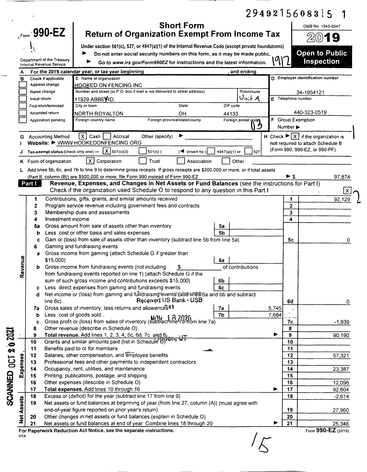 Image of first page of 2019 Form 990EZ for Hooked on Fencing