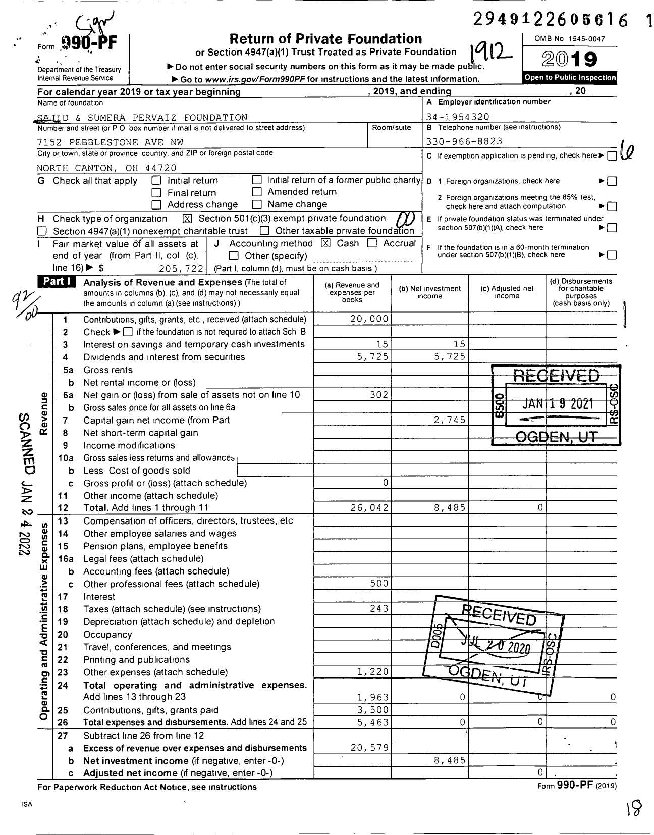 Image of first page of 2019 Form 990PF for Sajid and Sumera Pervaiz Foundation