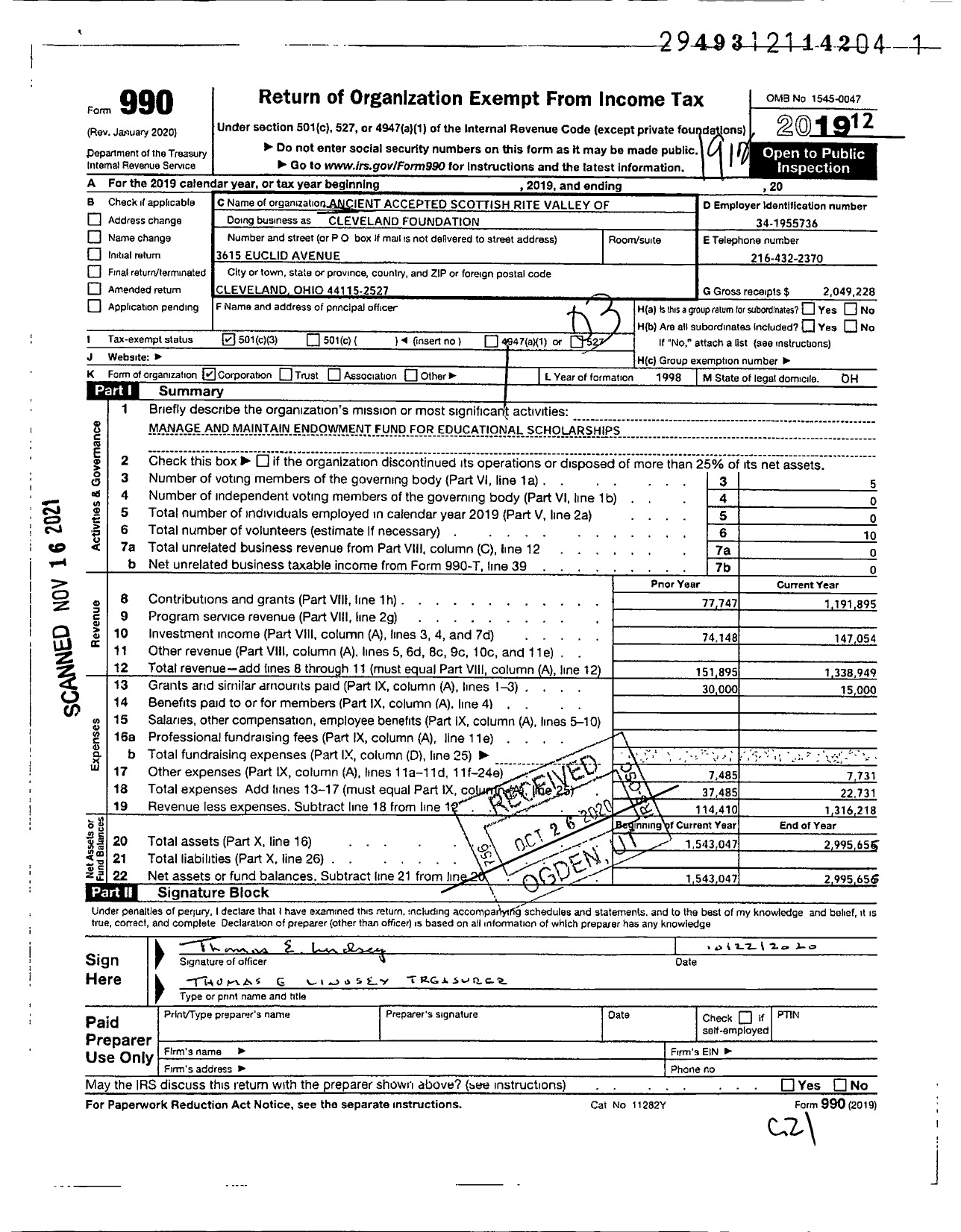 Image of first page of 2019 Form 990 for Ancient Accepted Scottish Rite Valley of Cleveland Foundation