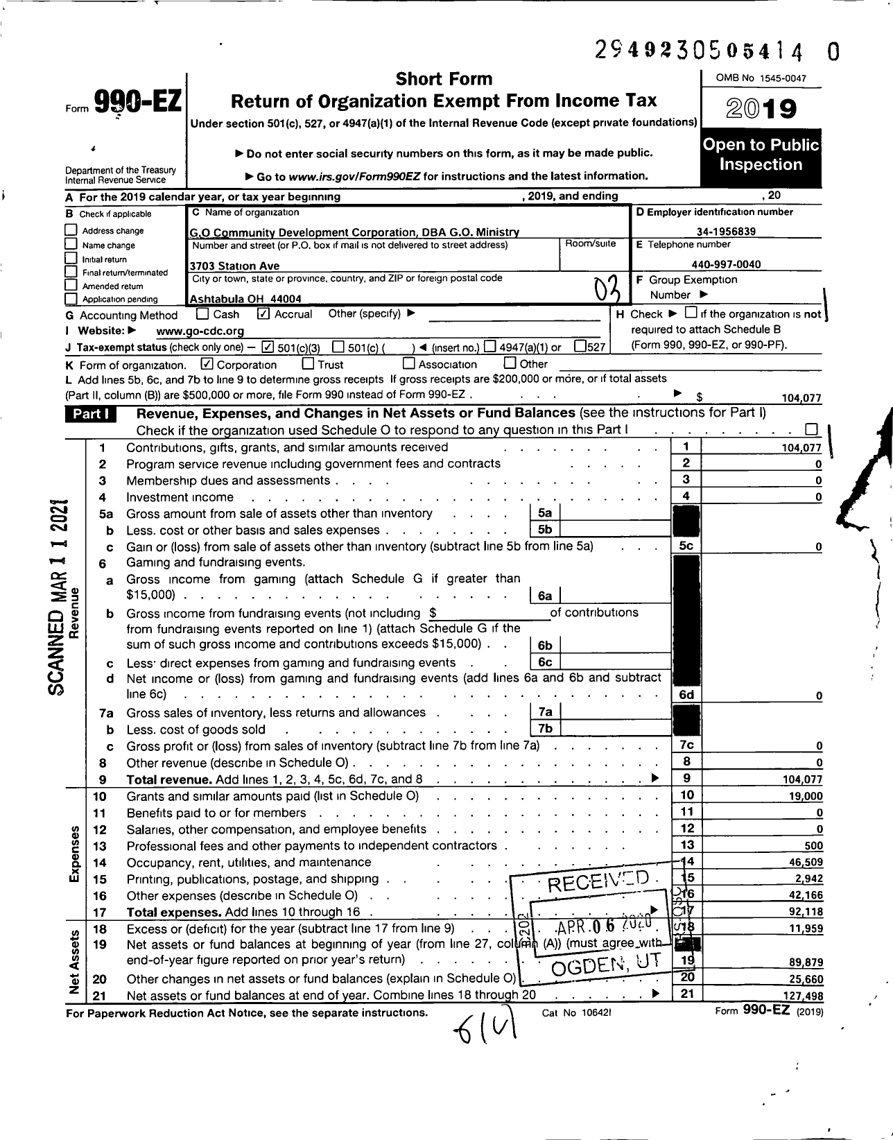 Image of first page of 2019 Form 990EZ for Go Community Development Corporation