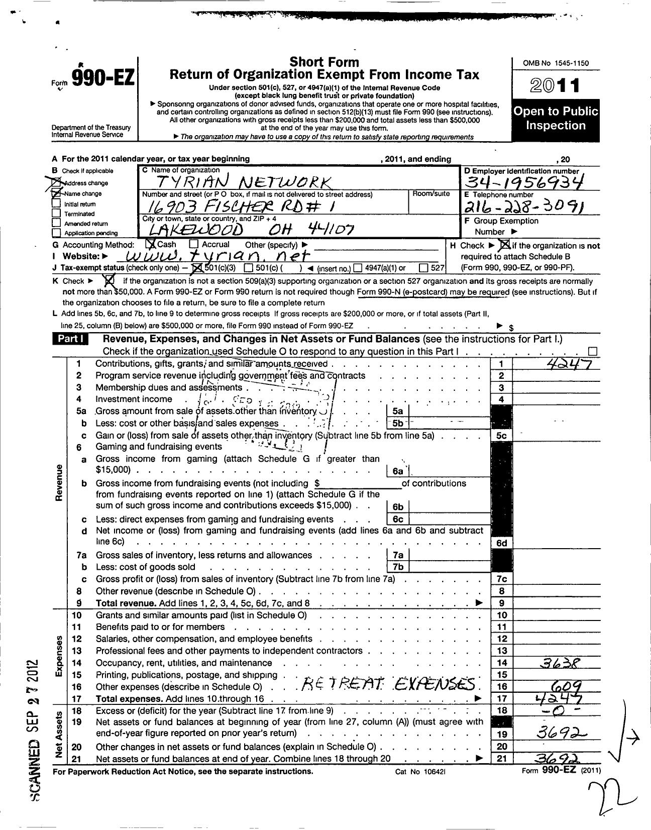 Image of first page of 2011 Form 990EZ for Tyrian