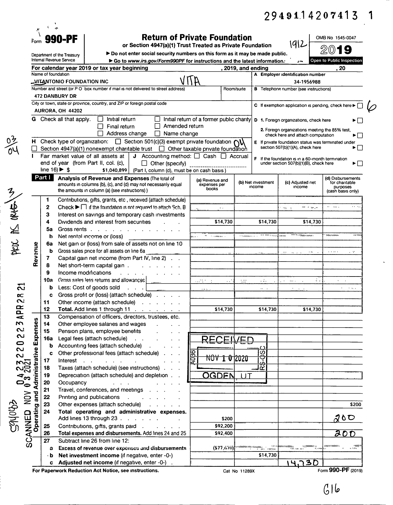 Image of first page of 2019 Form 990PF for Vitantonio Foundation