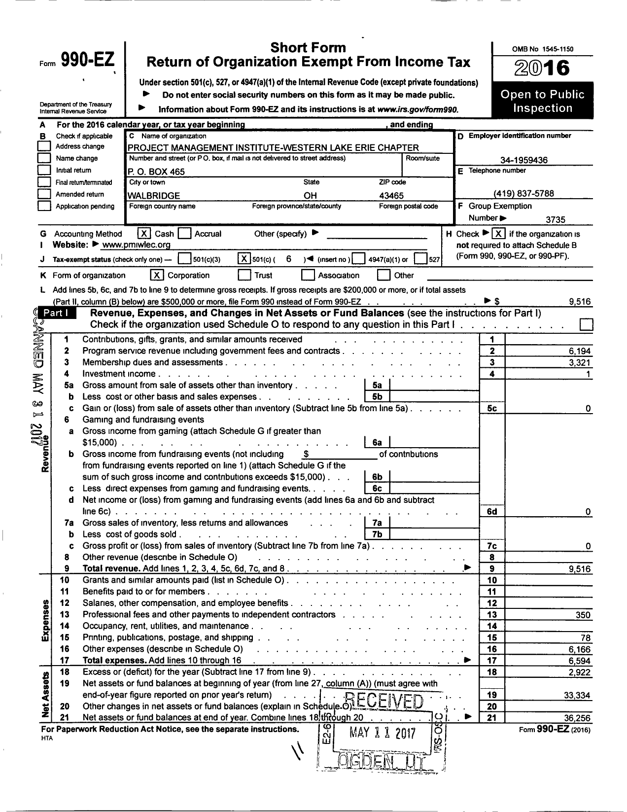 Image of first page of 2016 Form 990EO for Project Management Institute-Western Lake Erie Chapter