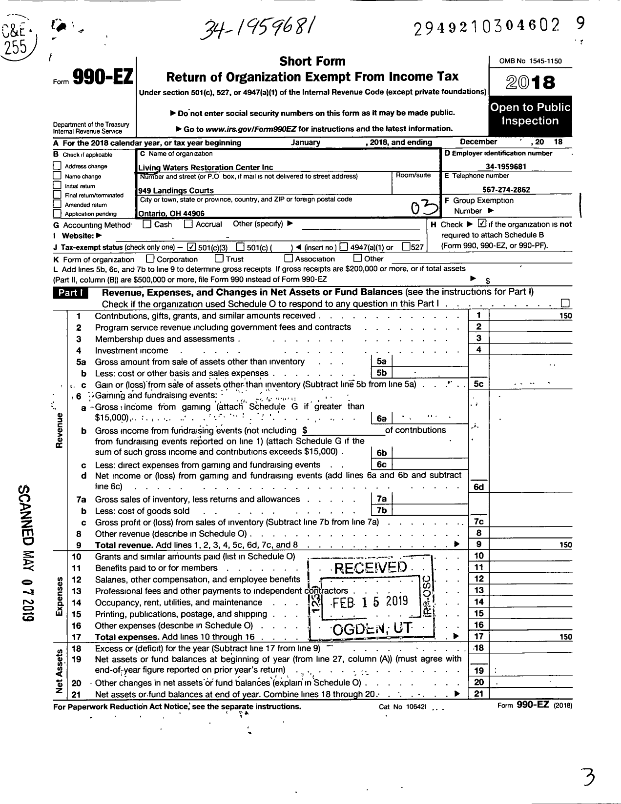 Image of first page of 2018 Form 990EZ for Living Water Restoration Center