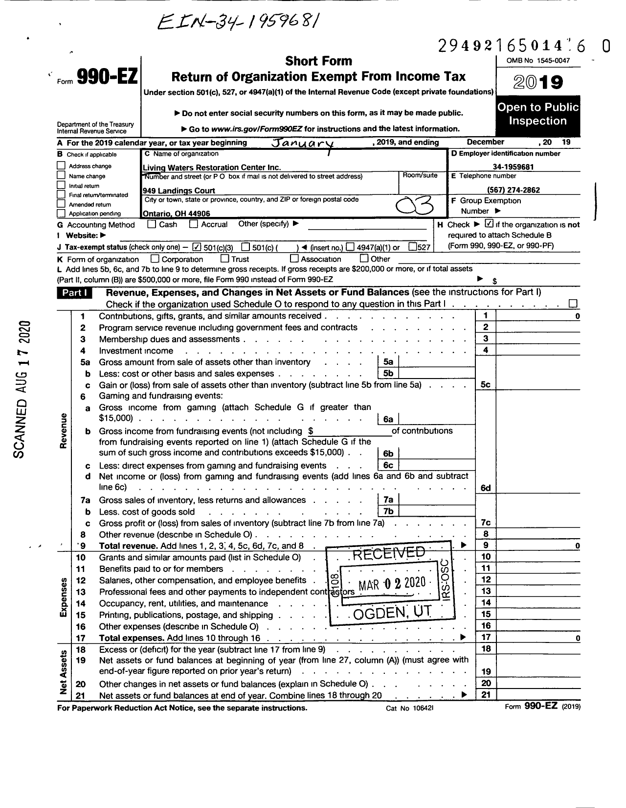 Image of first page of 2019 Form 990EZ for Living Water Restoration Center